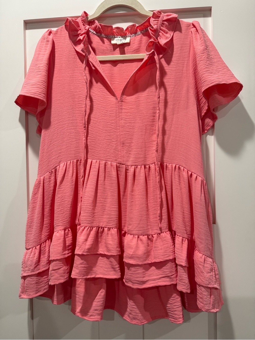 Umgee Coral Pink Ruffle Tie-Neck Tunic NWOT